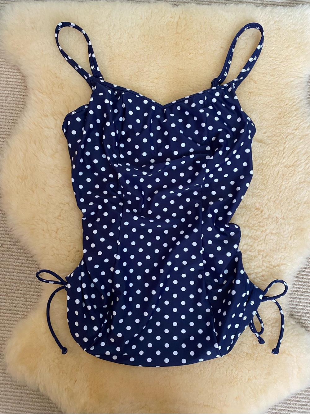 38D Tankini Top Panache Navy & White Polka Dot Swim Beach Pool Cruise Vacation